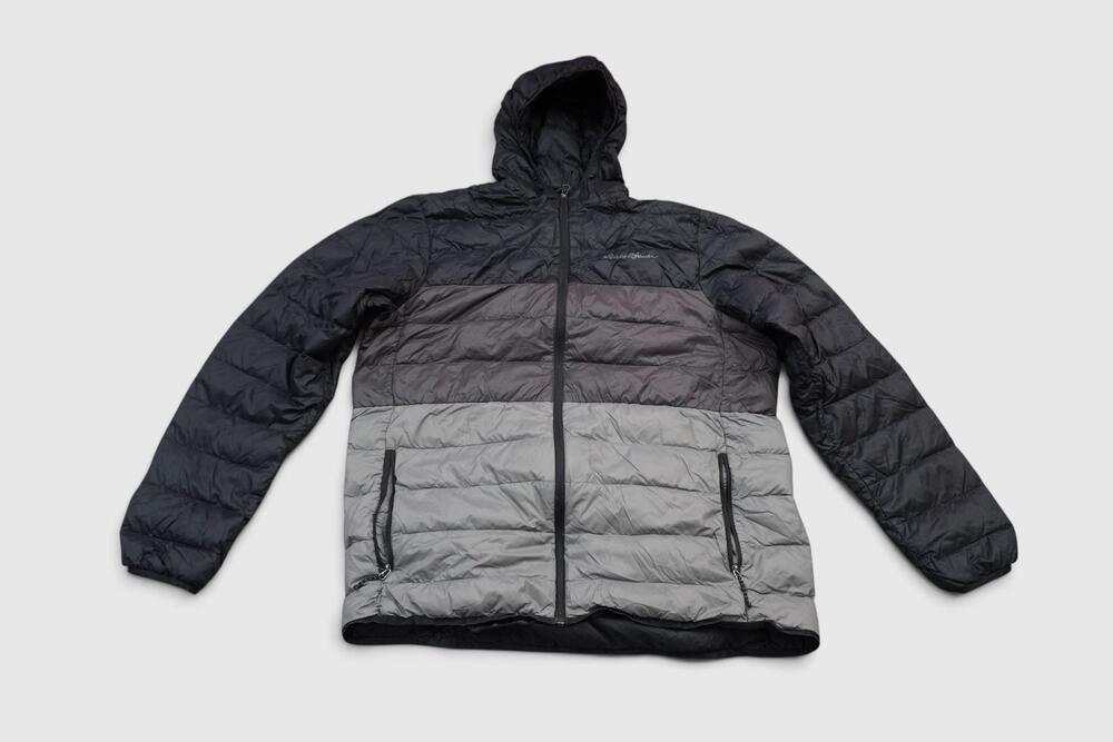 Eddie Bauer Jacket Mens Large Gray EB650 Hooded Down Puffer Lightweight Striped